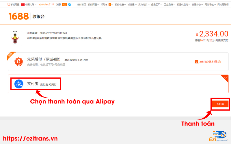 Chọn thanh toán qua Alipay