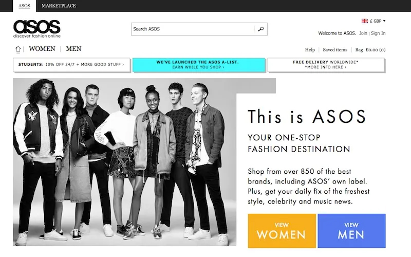 Giao diện trang web asos.com