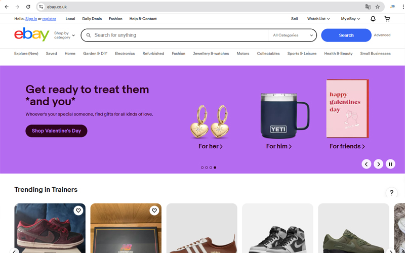 Giao diện trang web ebay.co.uk