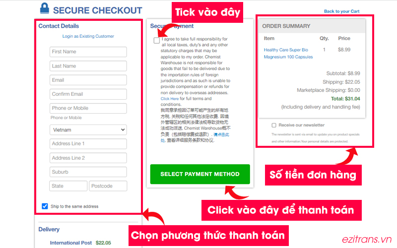 Điền địa chỉ nhận hàng chi tiết. Sau đó thanh toán đơn hàng Điền địa chỉ nhận hàng chi tiết. Sau đó thanh toán đơn hàng