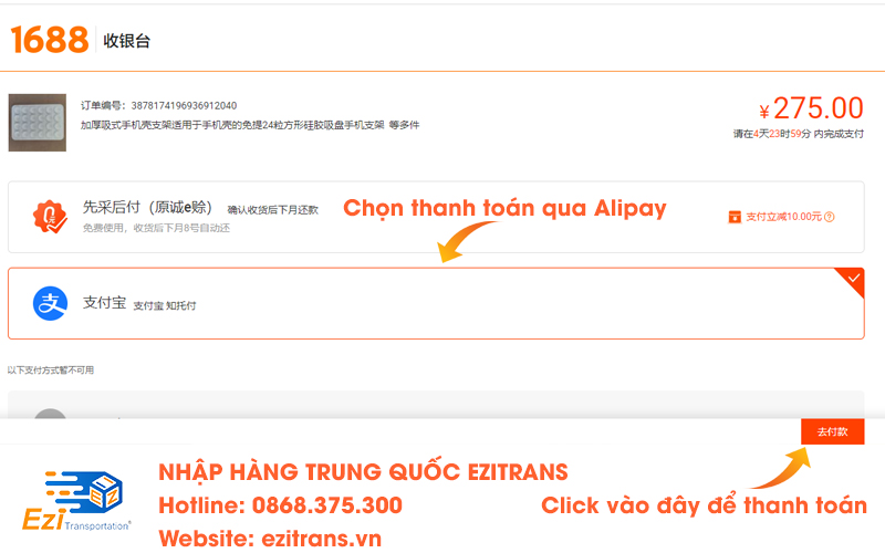 Chọn hình thức thanh toán qua Alipay