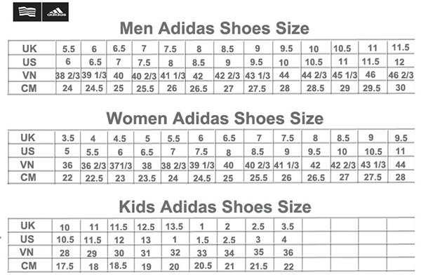 Bảng size giày Adidas US, UK, ER, VN cho Nam, Nữ và Trẻ em