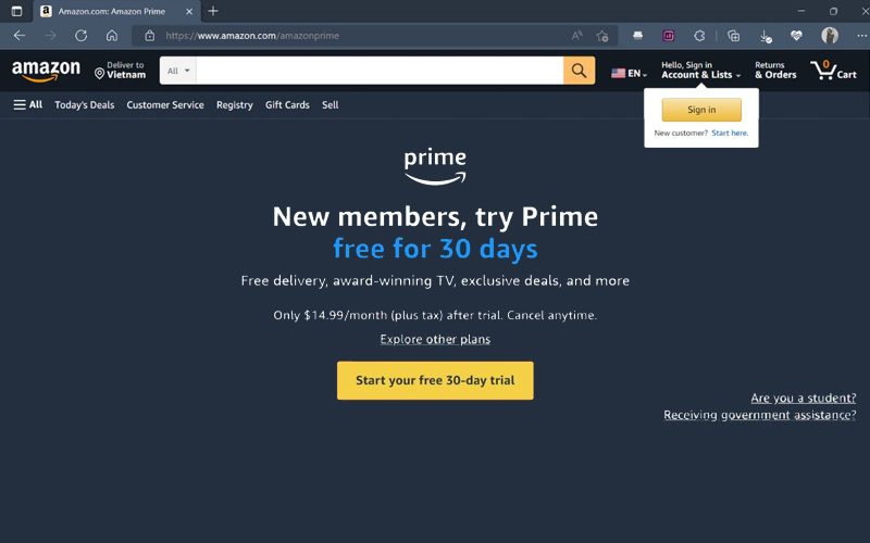 Truy cập vào Amazon Prime