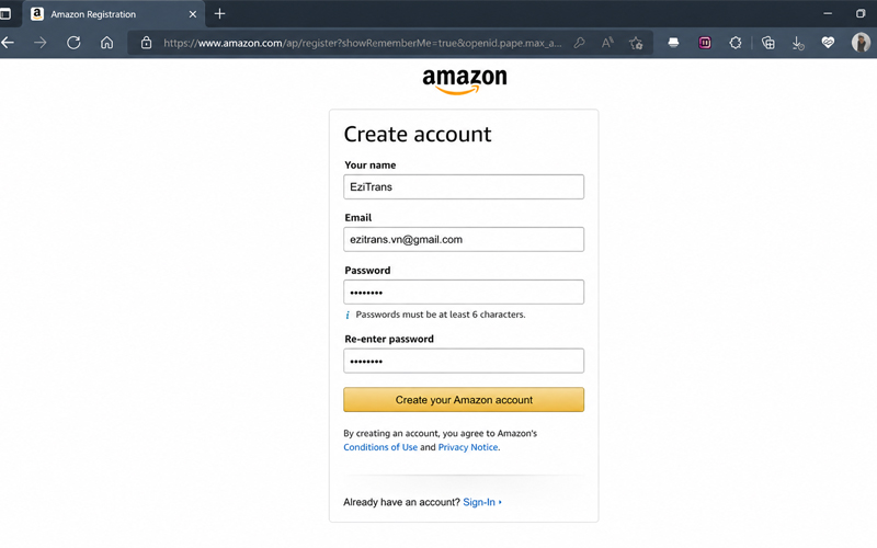 Tạo tài khoản Amazon